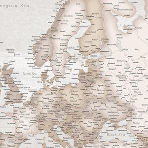 Detail crop of Antique World Push Pin Map showing map colors, labels, and cartographic detail