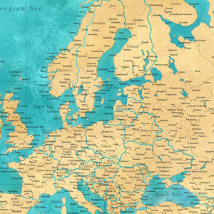 Detail crop of Azure Coast World Push Pin Map showing map colors, labels, and cartographic detail