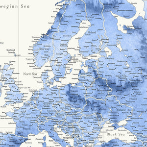 Detail crop of Azure Wash World Push Pin Map showing map colors, labels, and cartographic detail