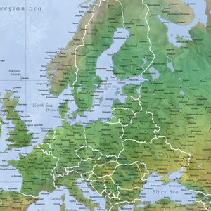 Detail crop of Bluecrest World Push Pin Map showing map colors, labels, and cartographic detail