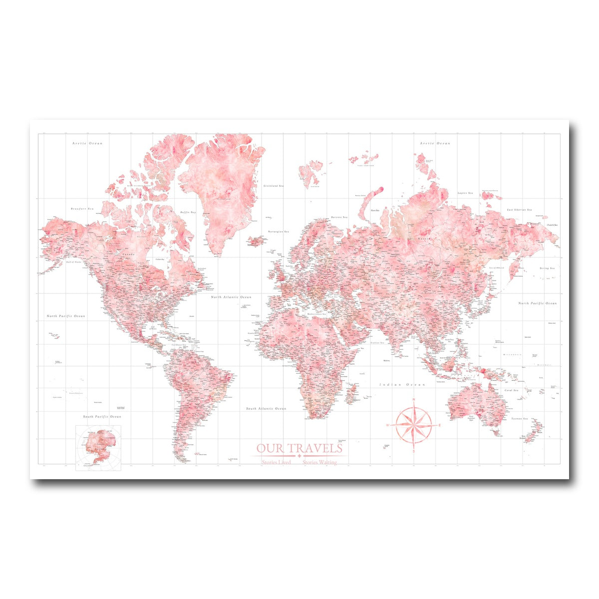 Blush Horizon World Push Pin Map – Atlas Map Co.