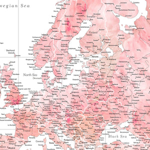 Detail crop of Blush Horizon World Push Pin Map showing map colors, labels, and cartographic detail