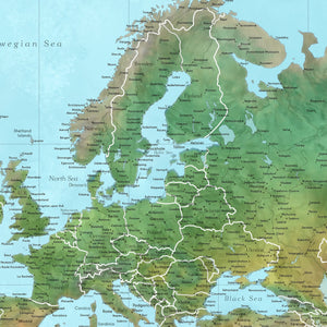 Detail crop of Classic Atlas World Push Pin Map showing map colors, labels, and cartographic detail