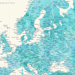 Detail crop of Coastal Jade World Push Pin Map showing map colors, labels, and cartographic detail