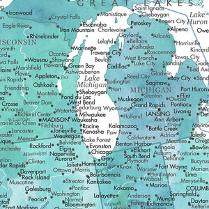Detail crop of Evergreen Coast US Push Pin Map showing map colors, labels, and cartographic detail