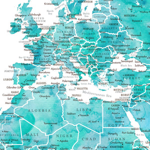 Detail crop of Evergreen World Push Pin Map showing map colors, labels, and cartographic detail
