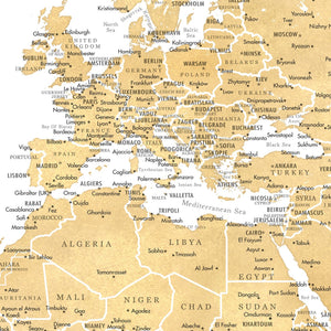 Detail crop of Gilded Dune World Push Pin Map showing map colors, labels, and cartographic detail