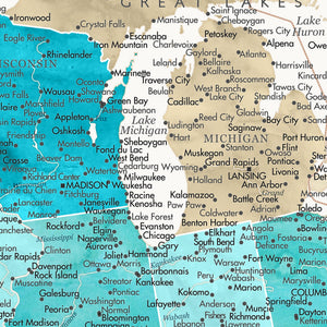 Detail crop of Granite & Dune US Push Pin Map showing map colors, labels, and cartographic detail
