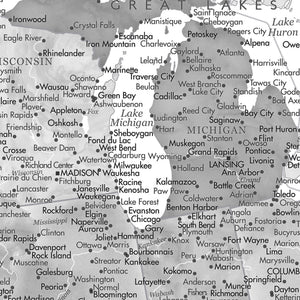 Detail crop of Grayscale US Push Pin Map showing map colors, labels, and cartographic detail