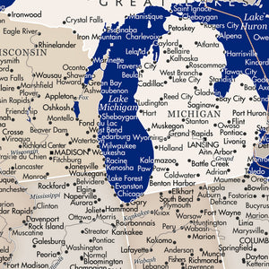 Detail crop of Indigo Shore US Push Pin Map showing map colors, labels, and cartographic detail