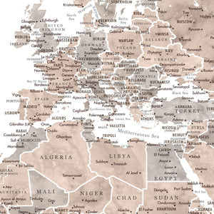 Detail crop of Mahogany World Push Pin Map showing map colors, labels, and cartographic detail