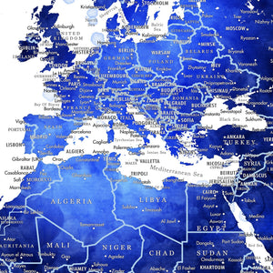 Detail crop of Nightfall World Push Pin Map showing map colors, labels, and cartographic detail
