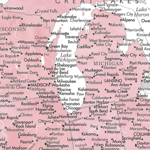 Detail crop of Rose Quartz US Push Pin Map showing map colors, labels, and cartographic detail