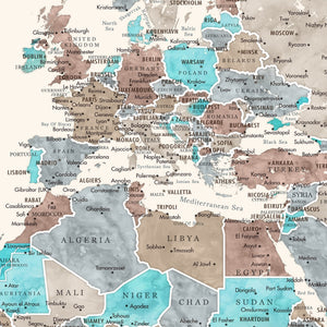 Detail crop of Rugged Coast World Push Pin Map showing map colors, labels, and cartographic detail