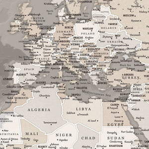 Detail crop of Saddlewood World Push Pin Map showing map colors, labels, and cartographic detail