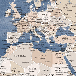 Detail crop of Soft Steel World Push Pin Map showing map colors, labels, and cartographic detail