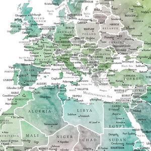 Detail crop of Tealstone World Push Pin Map showing map colors, labels, and cartographic detail