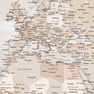 Detail crop of Vintage World Push Pin Map showing map colors, labels, and cartographic detail
