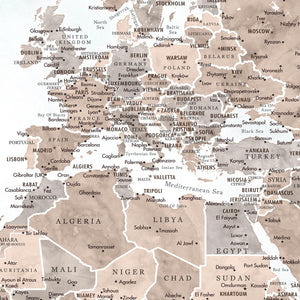 Detail crop of Wanderlust World Push Pin Map showing map colors, labels, and cartographic detail