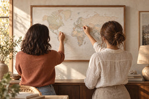 Illustrative scene of two friends placing pins in a framed world map; not a photograph of Atlas founders